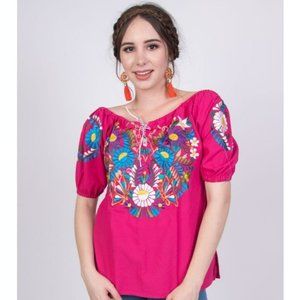 Mexican Hot Pink Shirt Off the Shoulder Floral Multi Color Embroidery